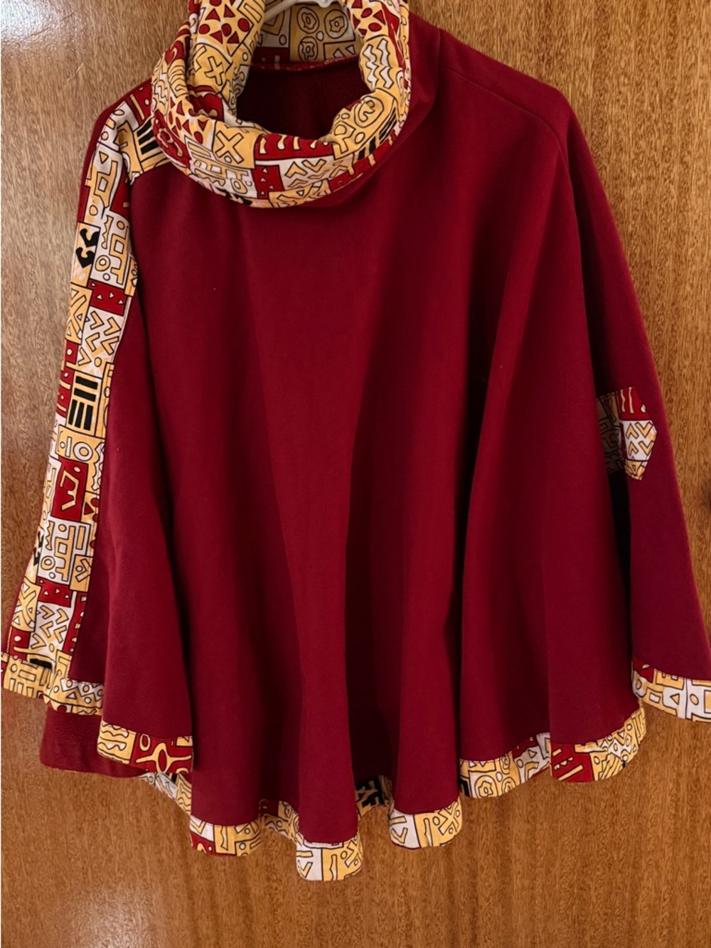Maroon Handmade Pancho Cape with Patterned Trim